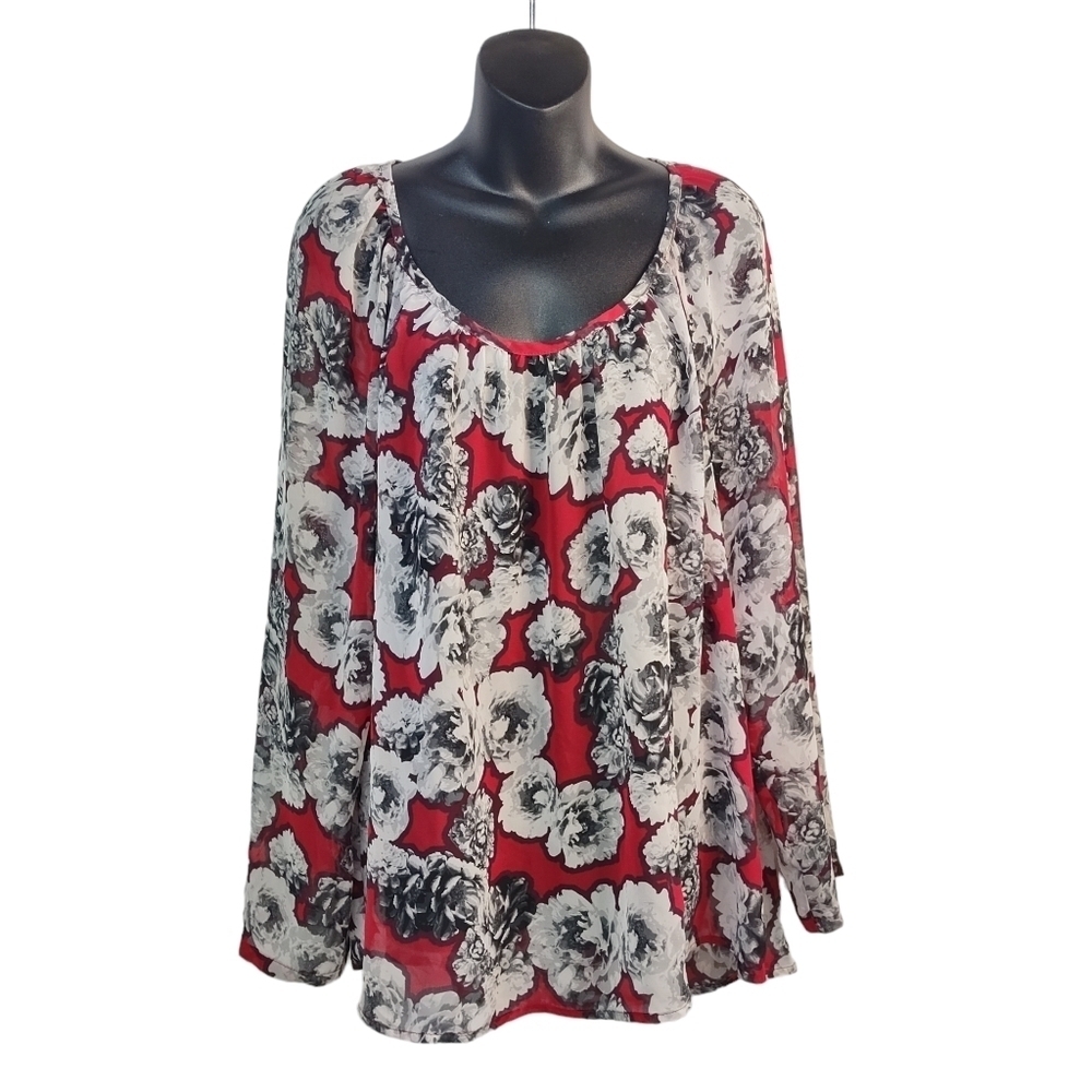 Liz Claiborne Red and Gray Floral Blouse